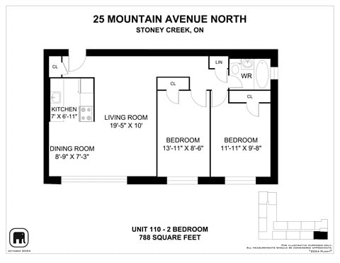 Floor plan for 2 beds, 1 bath, 823 sqft